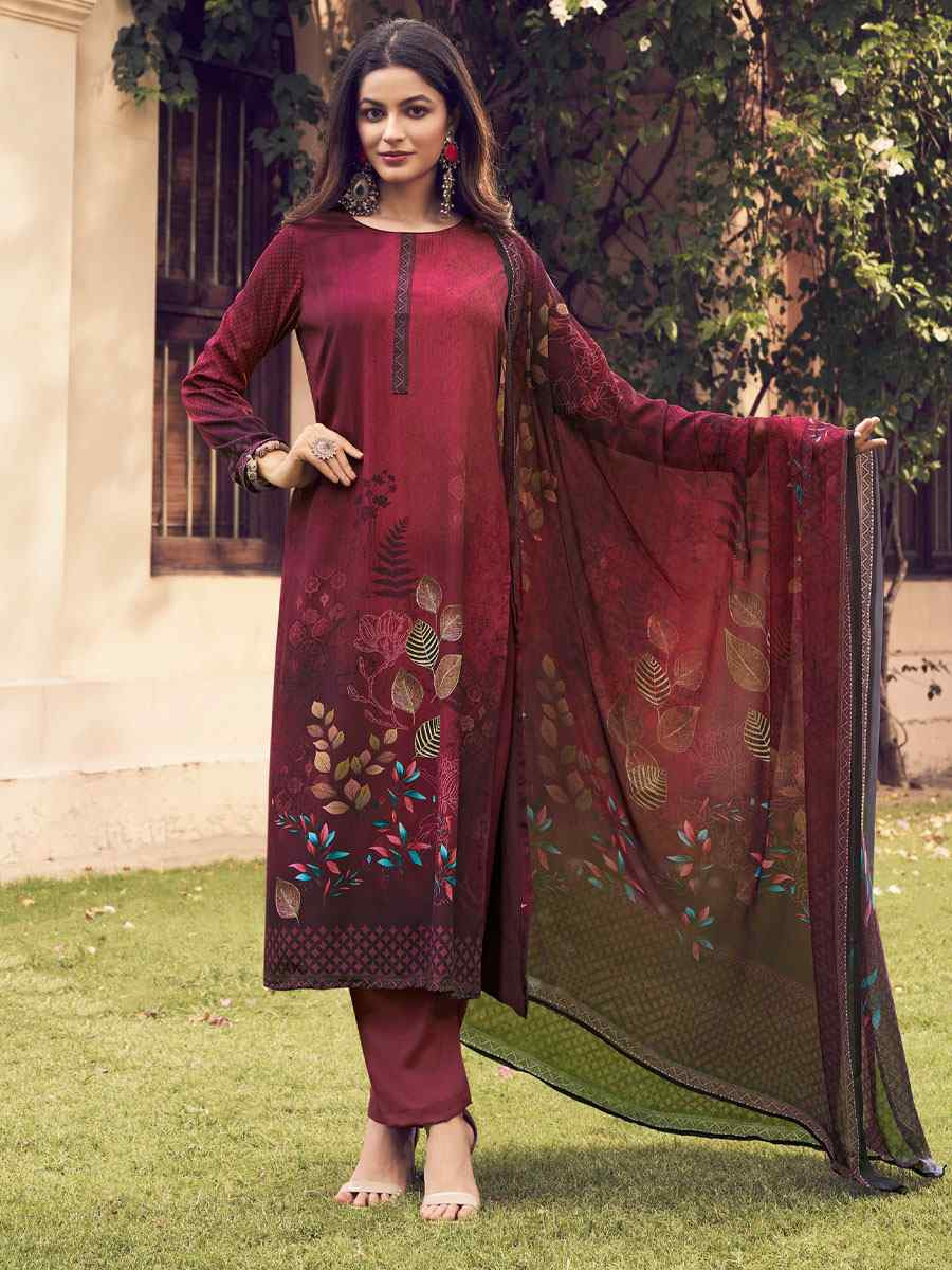 Maroon Crepe Printed Festival Casual Pant Salwar Kameez