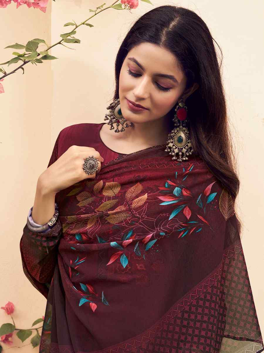 Maroon Crepe Printed Festival Casual Pant Salwar Kameez