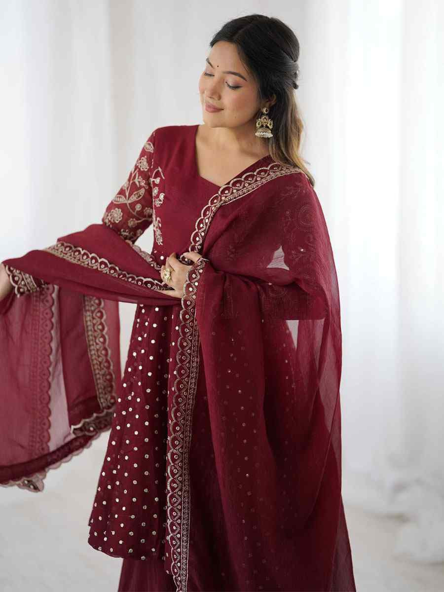 Maroon Crunchy Silk Embroidered Party Wedding Ready Palazzo pant Salwar Kameez