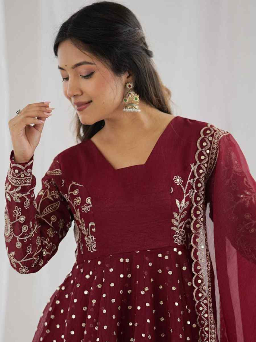 Maroon Crunchy Silk Embroidered Party Wedding Ready Palazzo pant Salwar Kameez