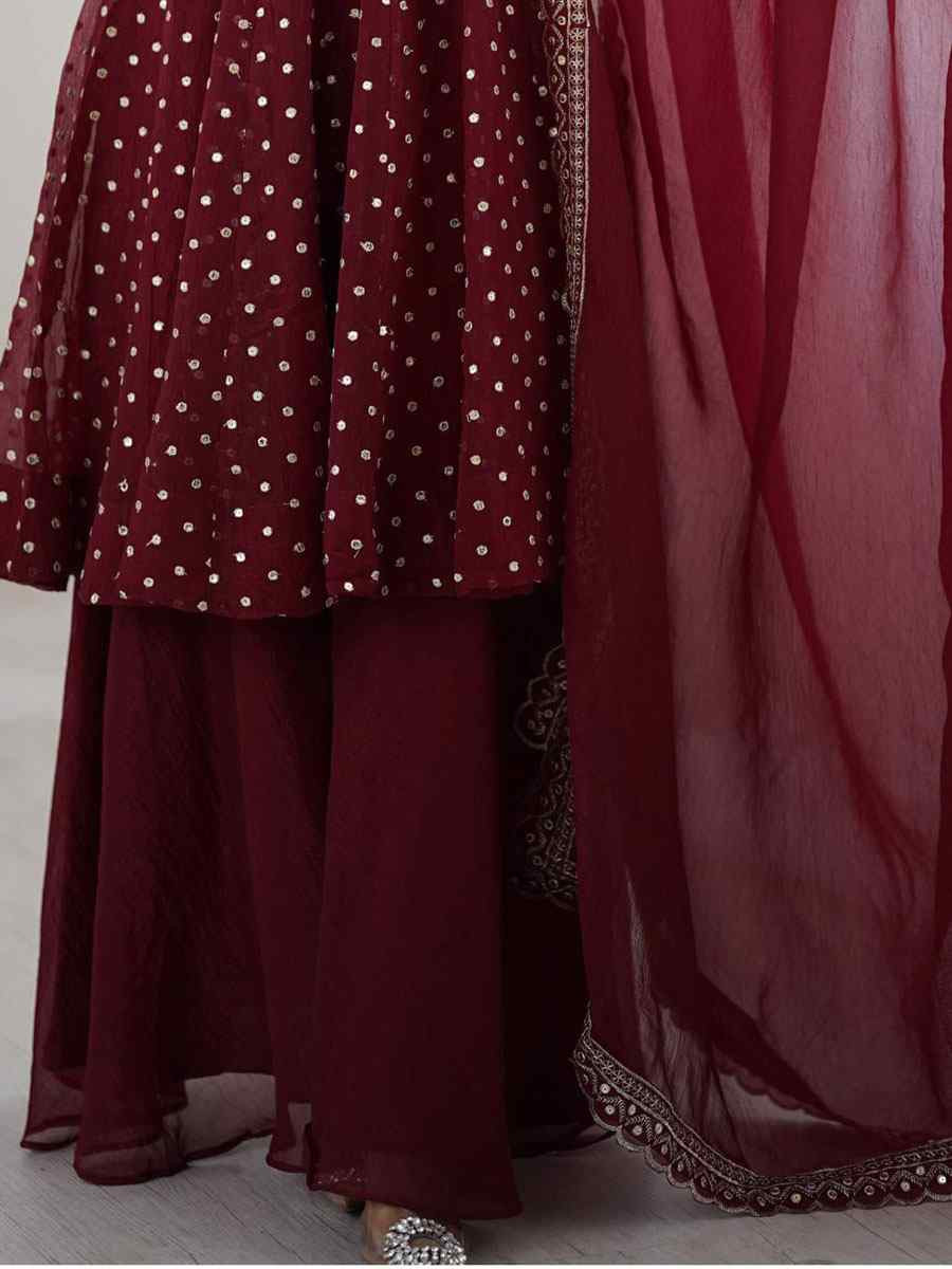 Maroon Crunchy Silk Embroidered Party Wedding Ready Palazzo pant Salwar Kameez