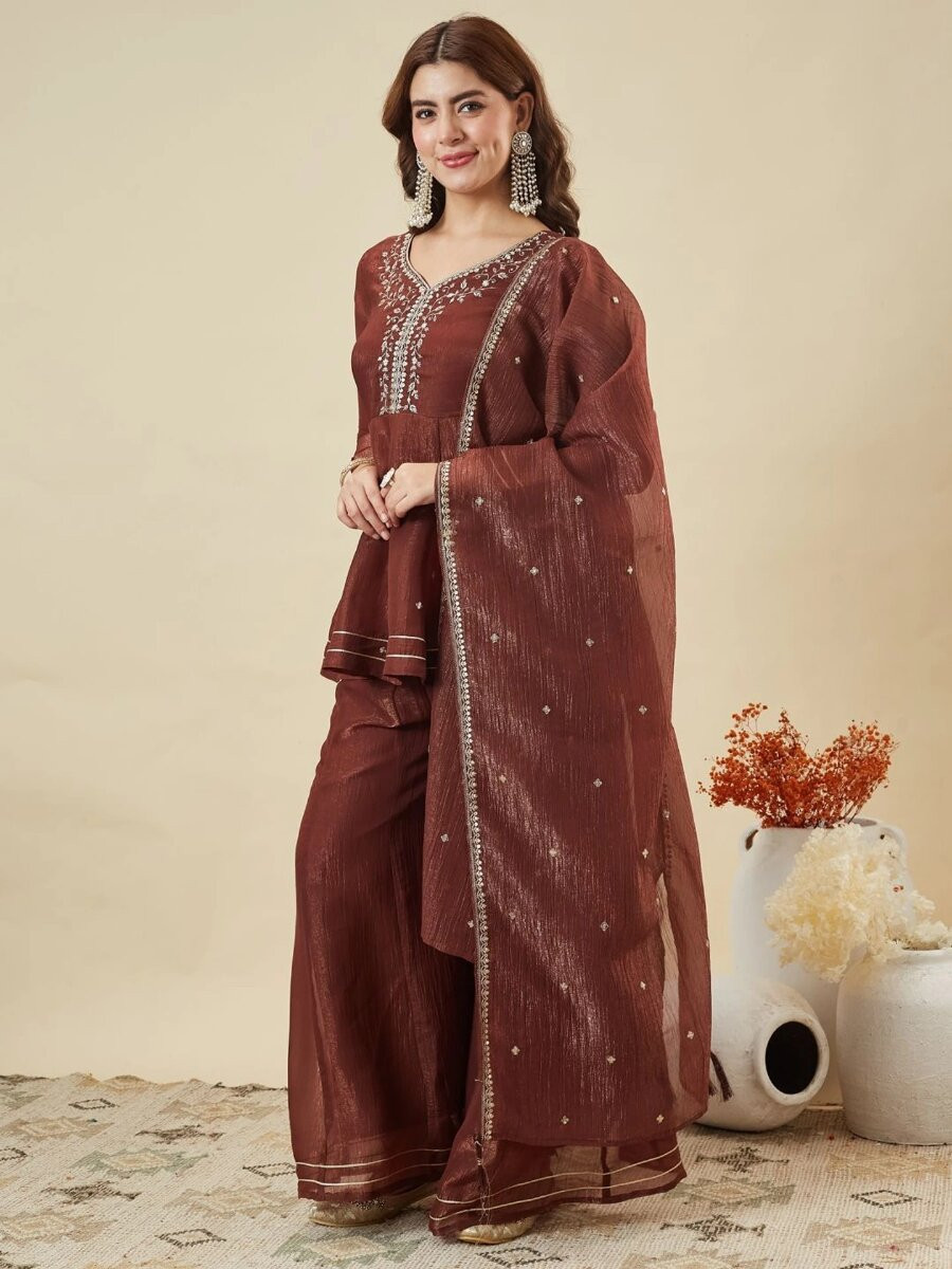Maroon Crunchy Silk Embroidery Sequins Wedding Party Festival Casual Ready Palazzo Pant Salwar Kameez