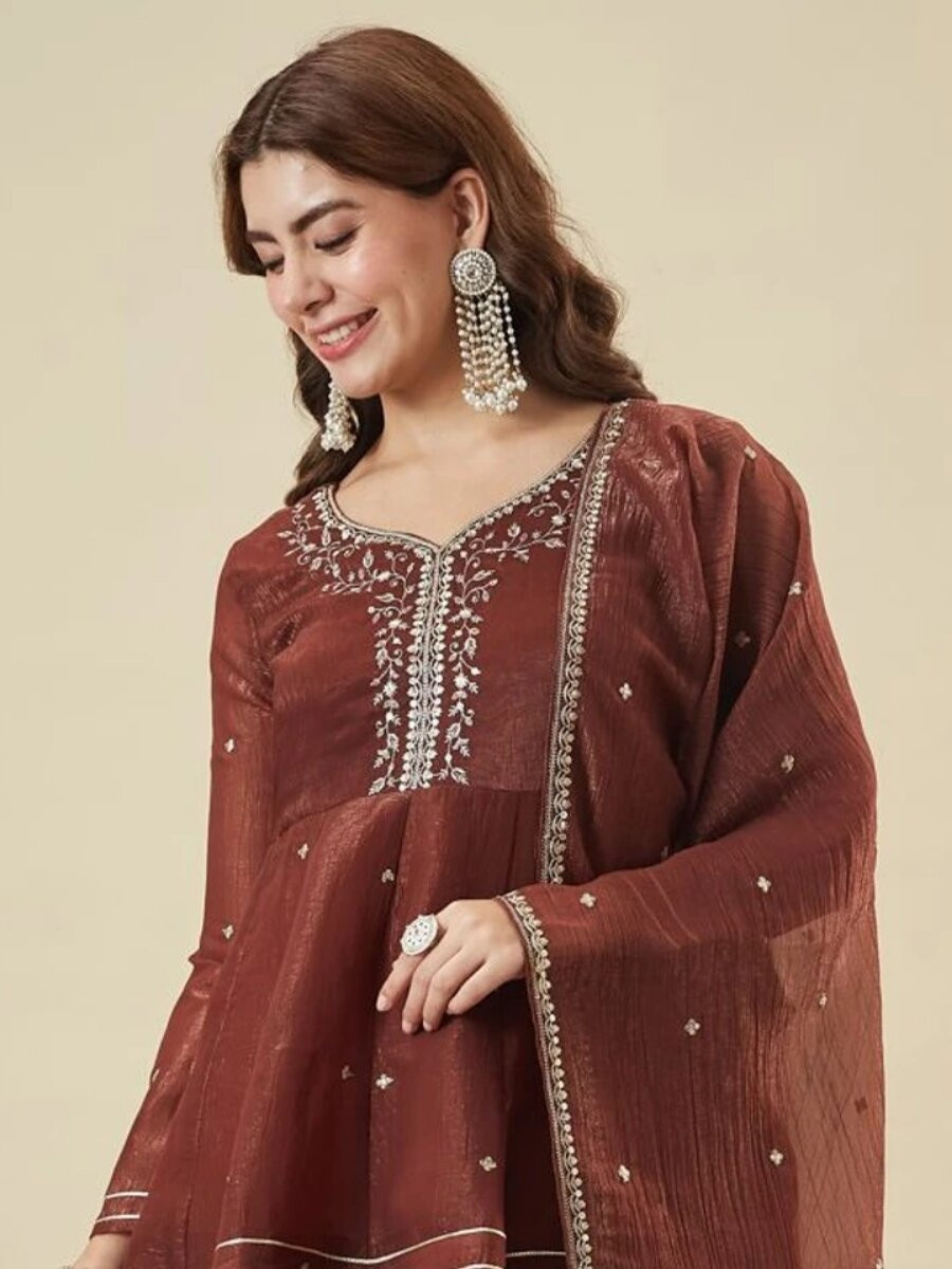 Maroon Crunchy Silk Embroidery Sequins Wedding Party Festival Casual Ready Palazzo Pant Salwar Kameez