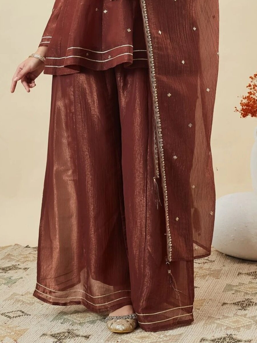 Maroon Crunchy Silk Embroidery Sequins Wedding Party Festival Casual Ready Palazzo Pant Salwar Kameez