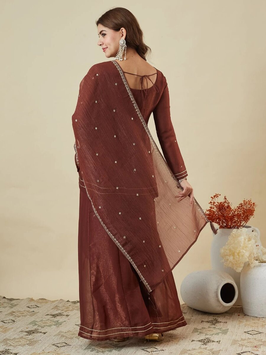 Maroon Crunchy Silk Embroidery Sequins Wedding Party Festival Casual Ready Palazzo Pant Salwar Kameez
