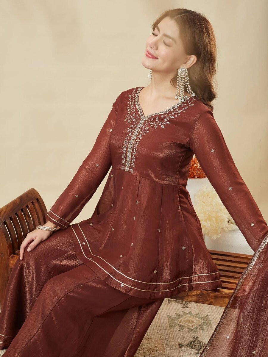 Maroon Crunchy Silk Embroidery Sequins Wedding Party Festival Casual Ready Palazzo Pant Salwar Kameez