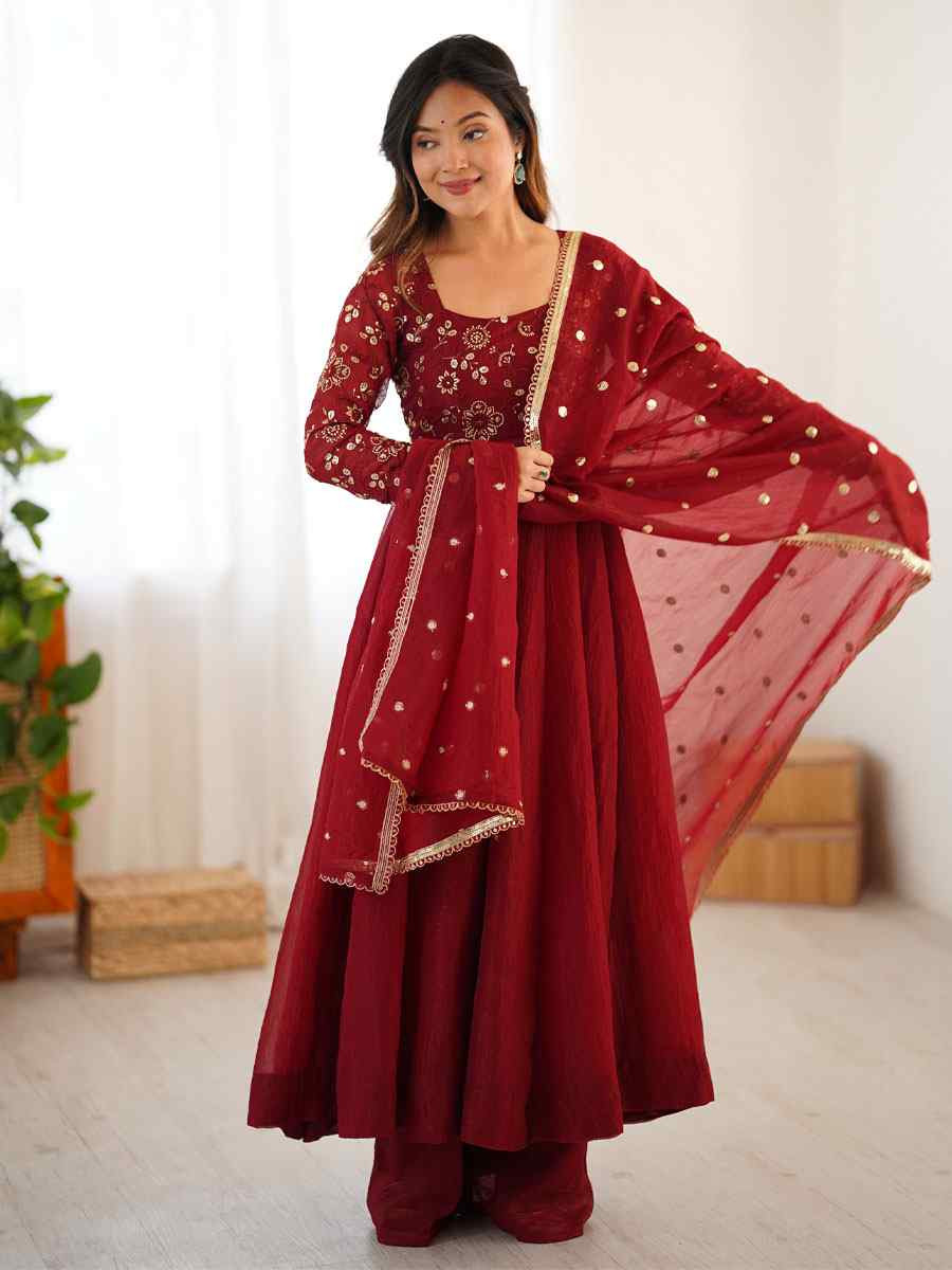 Maroon Crunchy Silk Plain with Embroidery Party Wedding Festival Casual Ready Anarkali Salwar Kameez