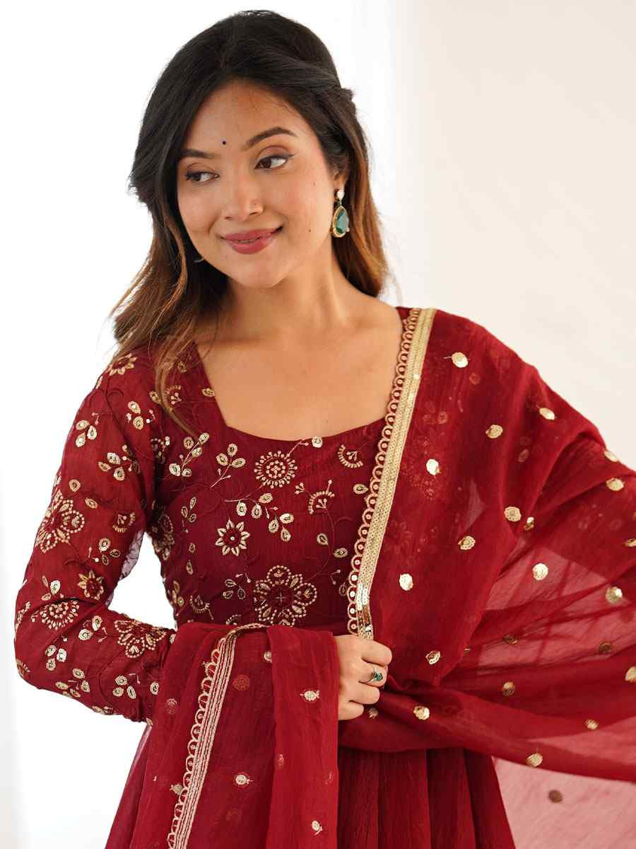 Maroon Crunchy Silk Plain with Embroidery Party Wedding Festival Casual Ready Anarkali Salwar Kameez