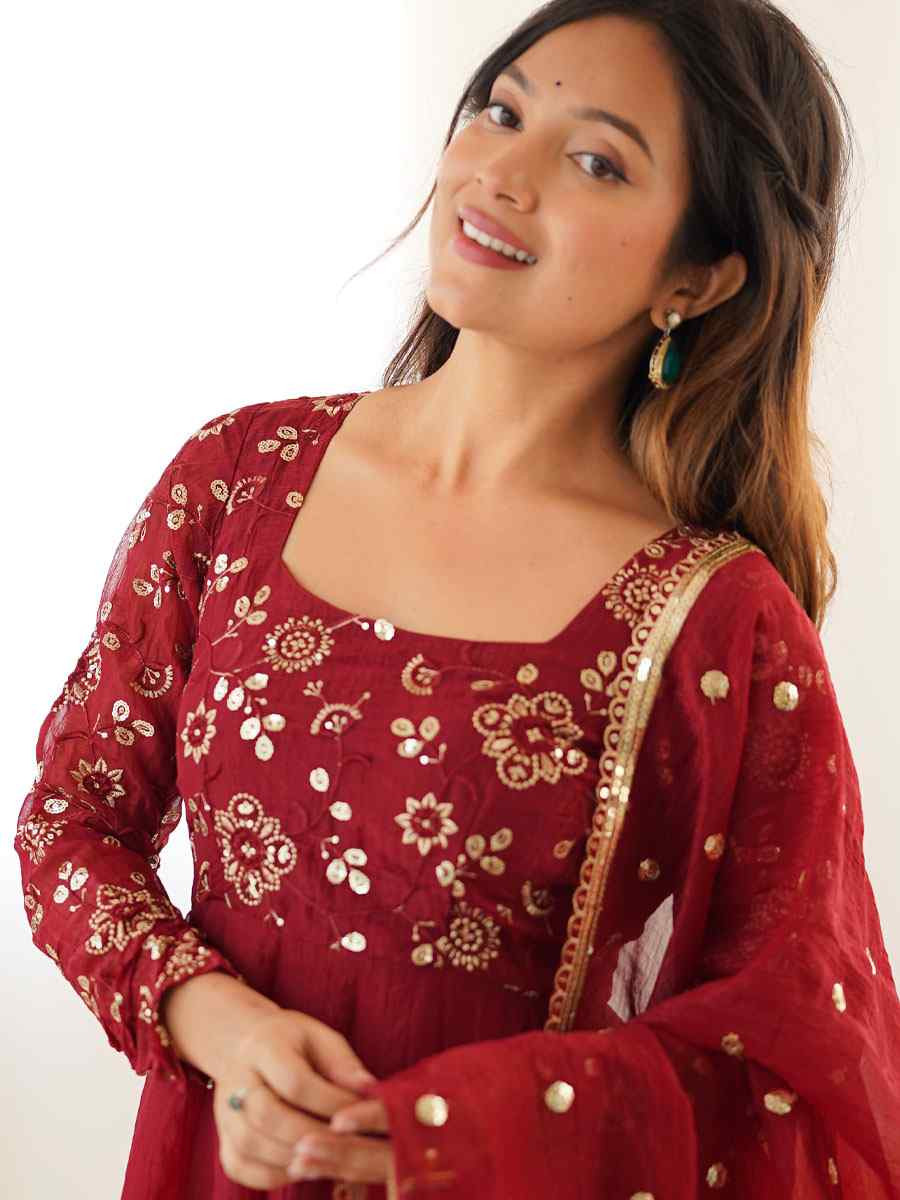 Maroon Crunchy Silk Plain with Embroidery Party Wedding Festival Casual Ready Anarkali Salwar Kameez