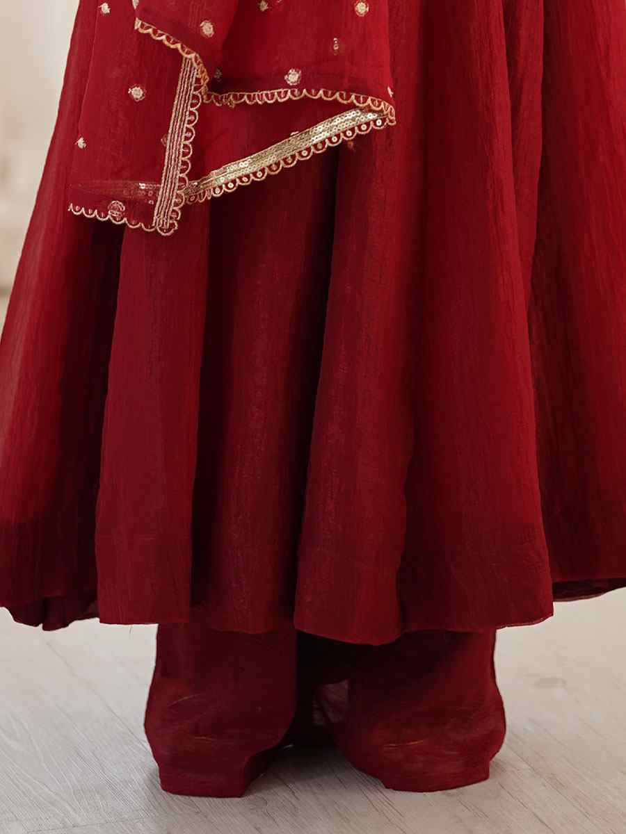 Maroon Crunchy Silk Plain with Embroidery Party Wedding Festival Casual Ready Anarkali Salwar Kameez
