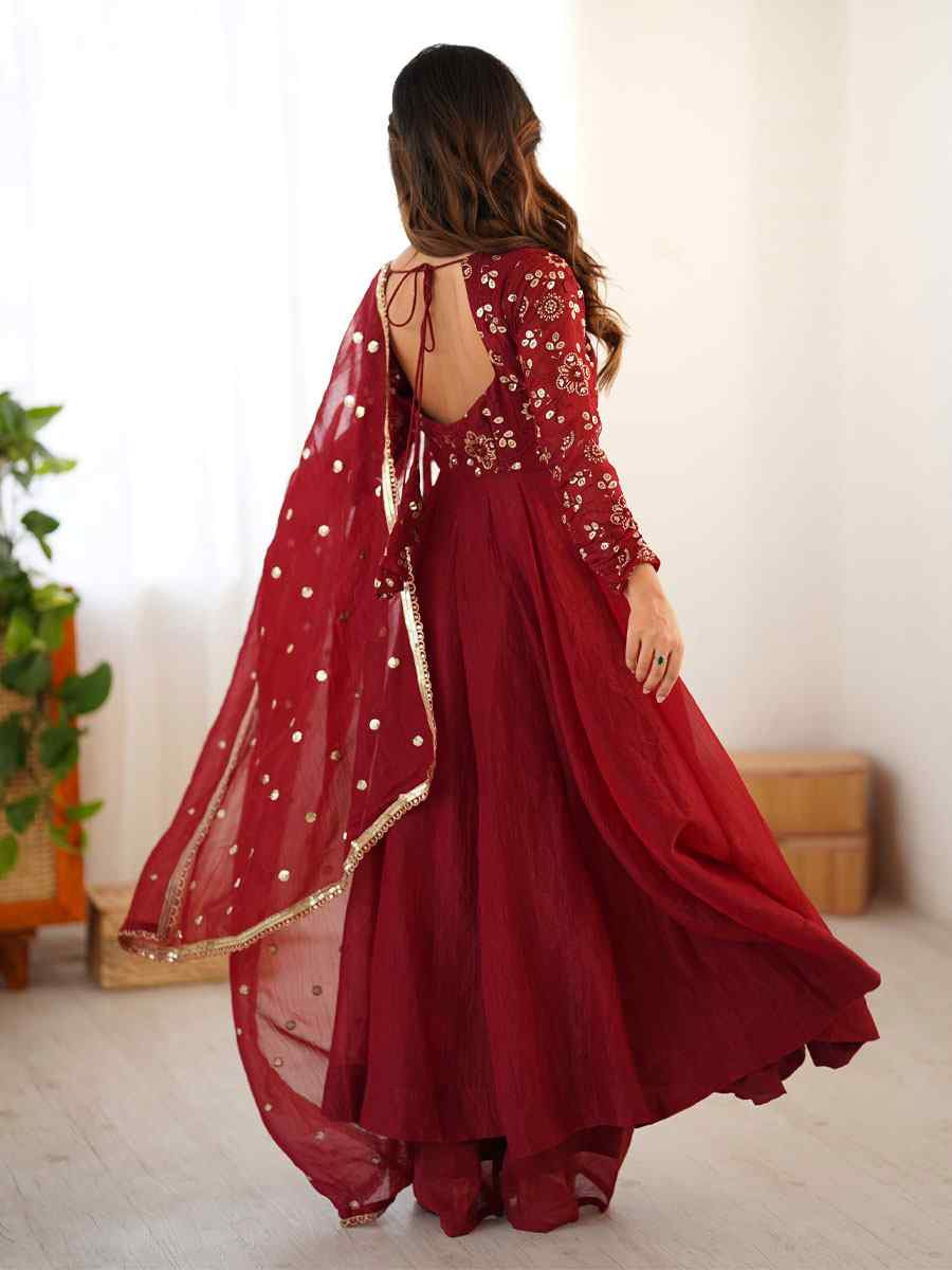 Maroon Crunchy Silk Plain with Embroidery Party Wedding Festival Casual Ready Anarkali Salwar Kameez