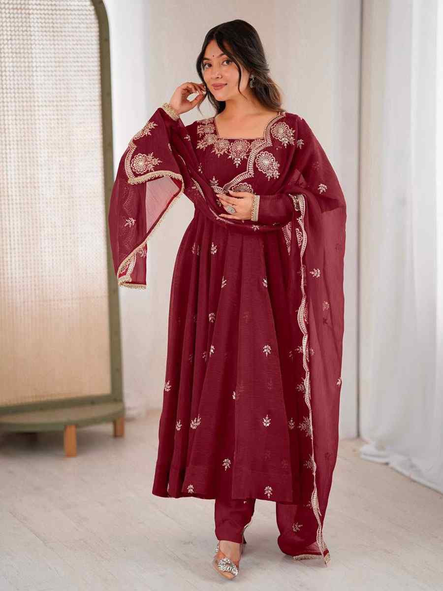 Maroon Crunchy Silk Printed Party Wedding Festival Casual Ready Anarkali Salwar Kameez