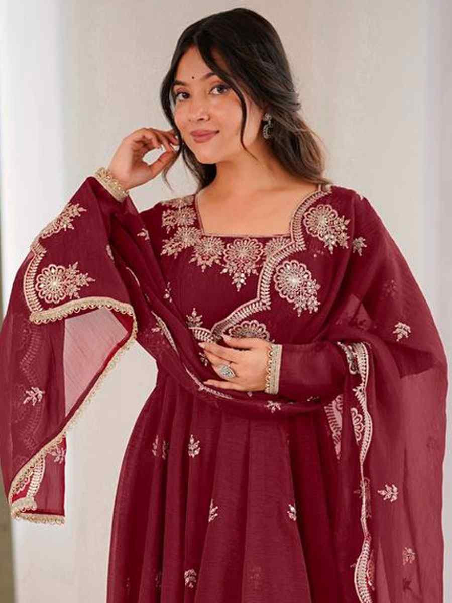 Maroon Crunchy Silk Printed Party Wedding Festival Casual Ready Anarkali Salwar Kameez