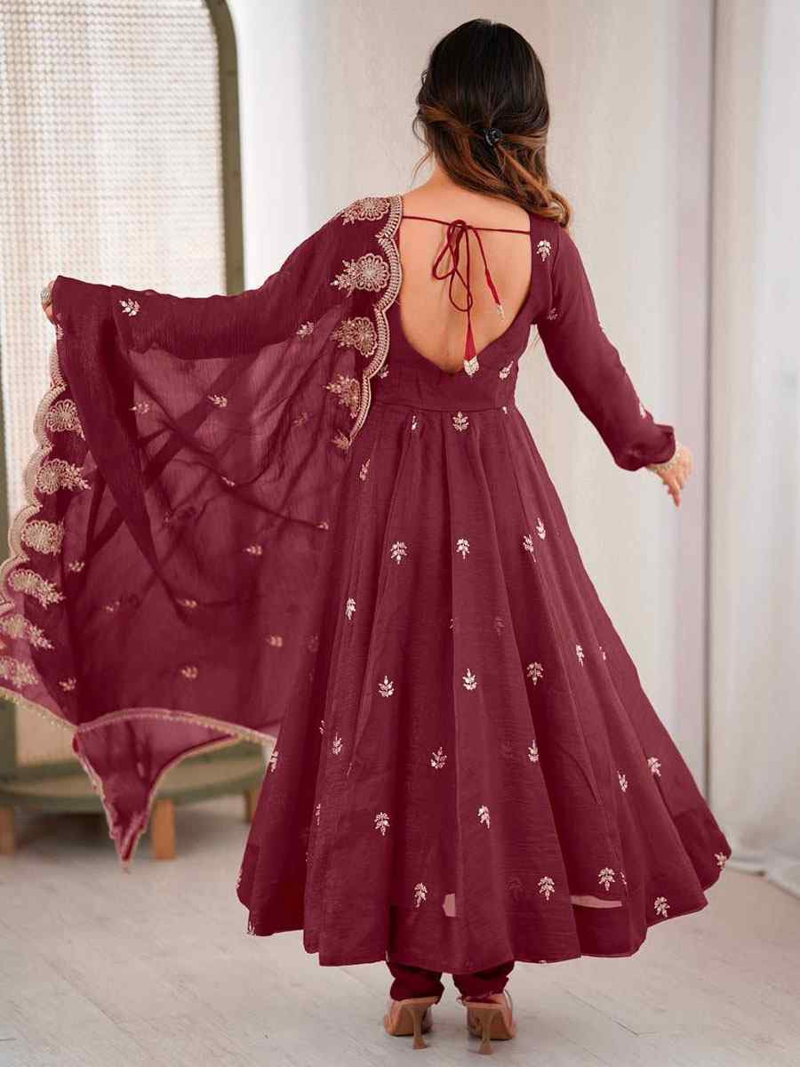 Maroon Crunchy Silk Printed Party Wedding Festival Casual Ready Anarkali Salwar Kameez