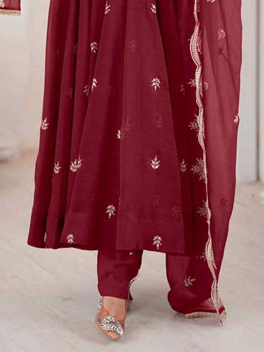 Maroon Crunchy Silk Printed Party Wedding Festival Casual Ready Anarkali Salwar Kameez