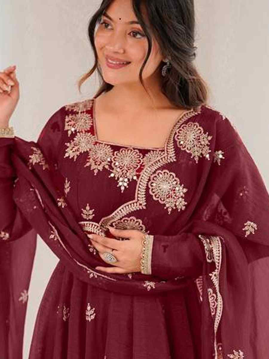 Maroon Crunchy Silk Printed Party Wedding Festival Casual Ready Anarkali Salwar Kameez
