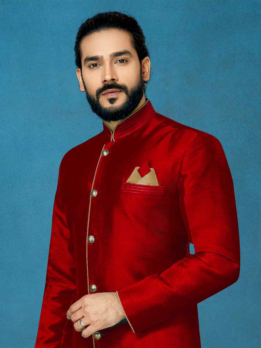 Maroon Dhupion Art Silk Woven Festival Wedding Sherwani
