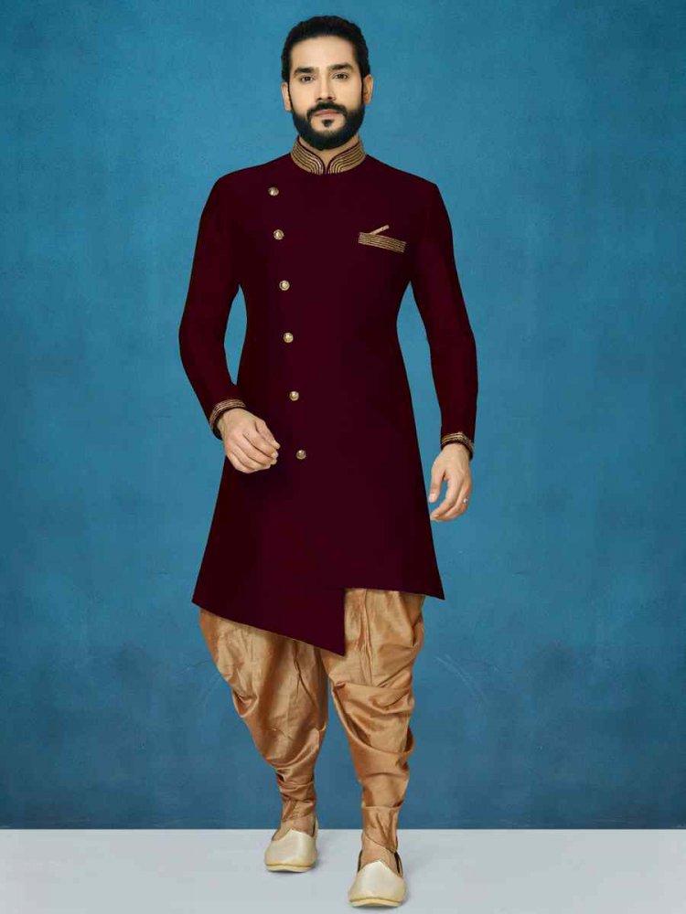 Maroon Dhupion Art Silk Woven Festival Wedding Sherwani