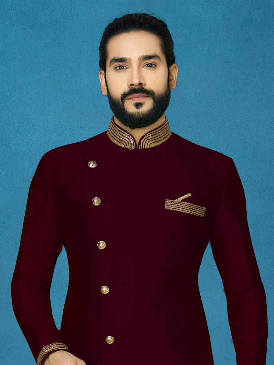 Maroon Dhupion Art Silk Woven Festival Wedding Sherwani