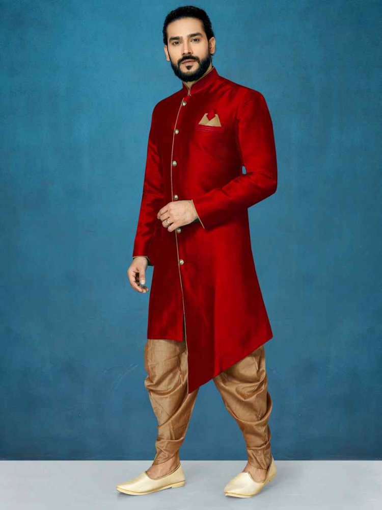 Maroon Dhupion Art Silk Woven Festival Wedding Sherwani