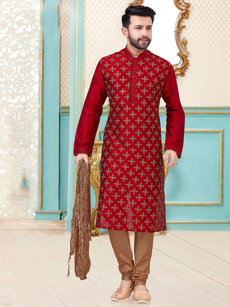 Maroon Dhupion Silk Embroidery Wedding Party Festival Ready Mens Kurta