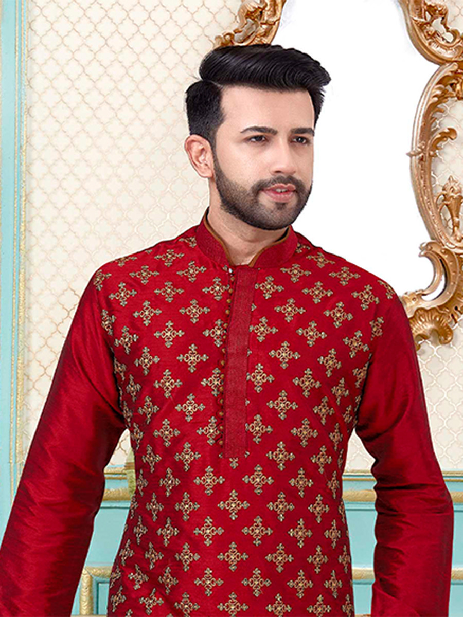 Maroon Dhupion Silk Embroidery Wedding Party Festival Ready Mens Kurta