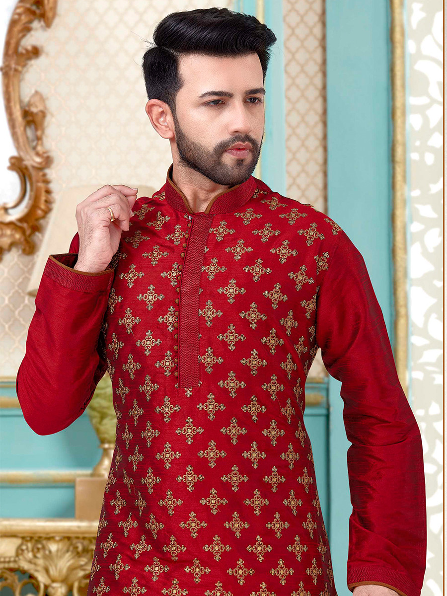 Maroon Dhupion Silk Embroidery Wedding Party Festival Ready Mens Kurta
