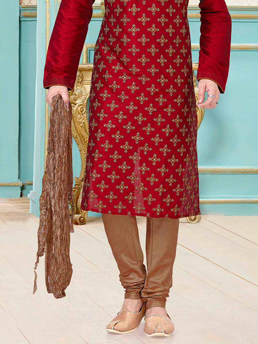 Maroon Dhupion Silk Embroidery Wedding Party Festival Ready Mens Kurta
