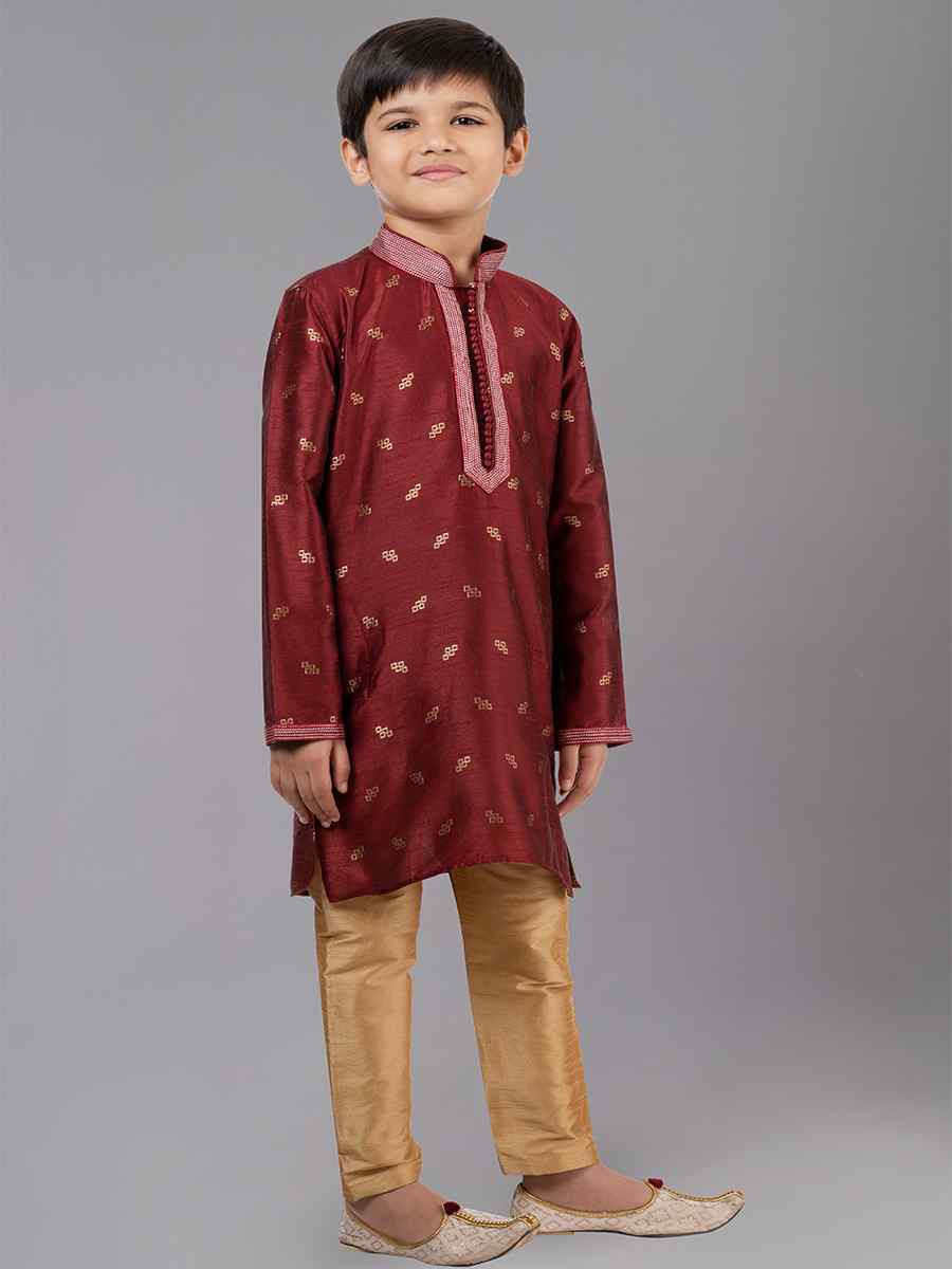 Maroon Dhupion Silk With Jacquard Embroidered Festival Traditional Kurta Pyjama Boys Wear