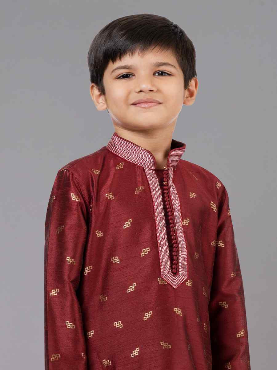 Maroon Dhupion Silk With  Jacquard  Embroidered Festival Traditional Kurta Pyjama Boys Wear