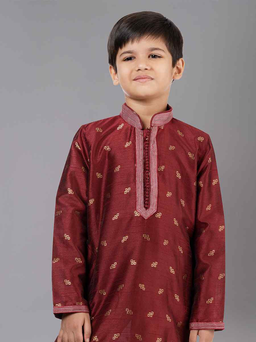 Maroon Dhupion Silk With  Jacquard  Embroidered Festival Traditional Kurta Pyjama Boys Wear