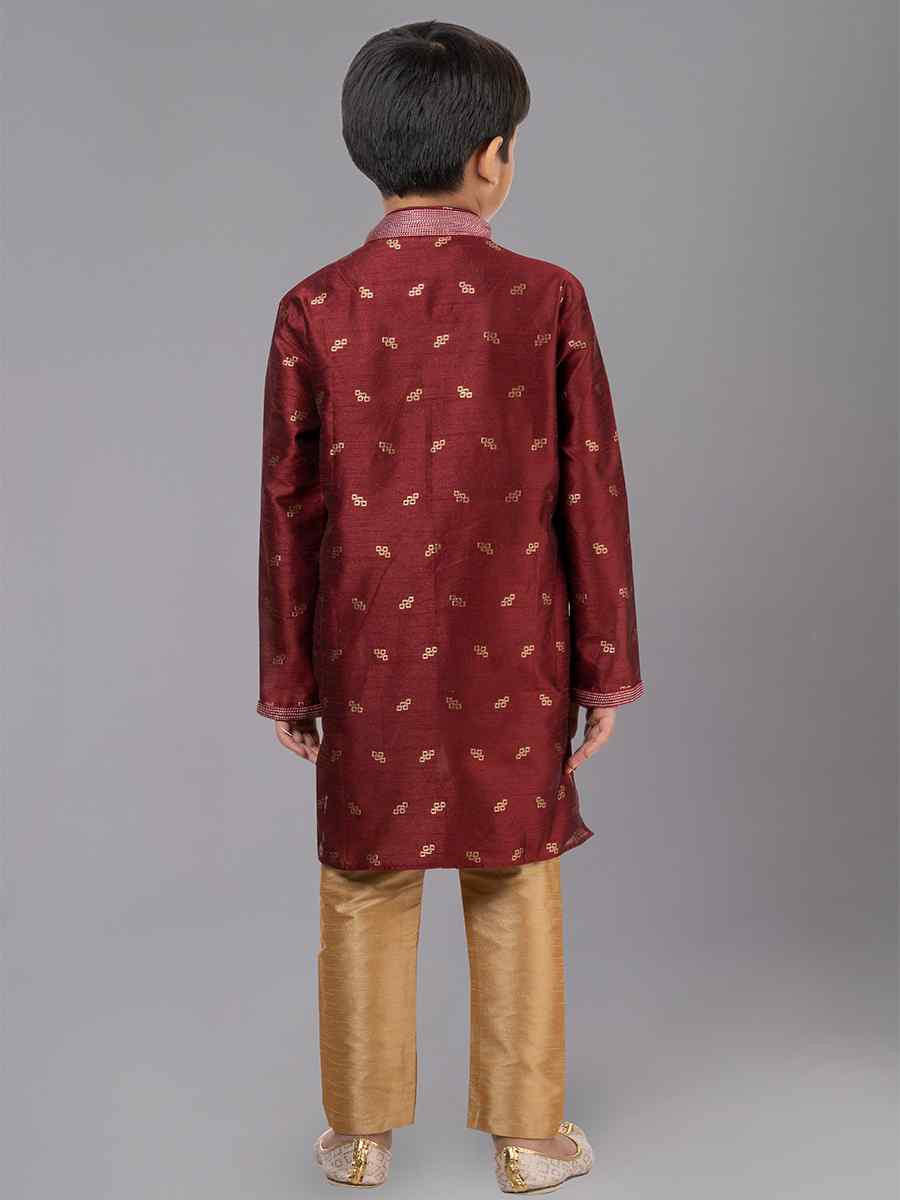 Maroon Dhupion Silk With  Jacquard  Embroidered Festival Traditional Kurta Pyjama Boys Wear