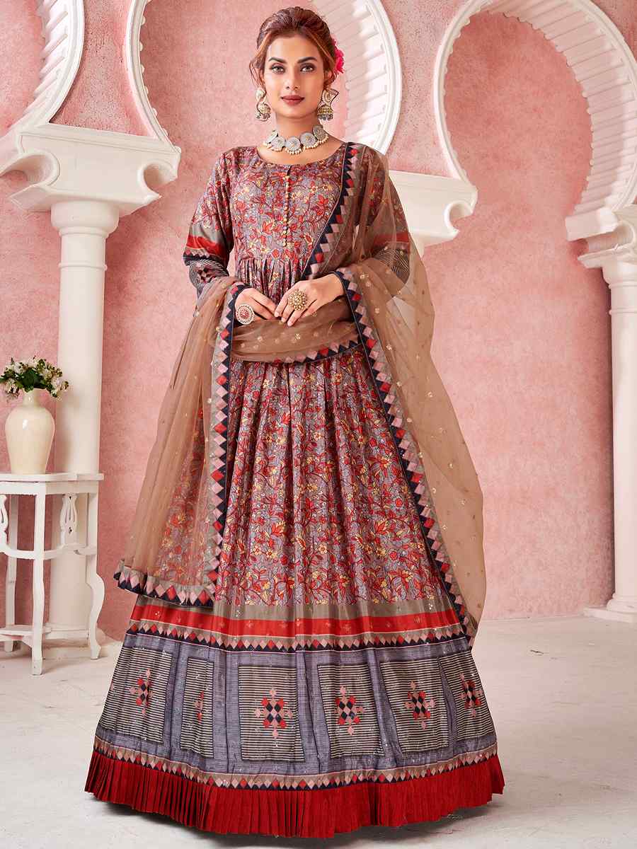 Maroon Dola Silk Embroidered Party Gown