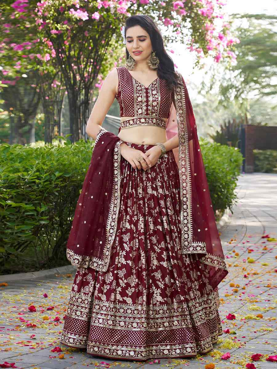Maroon Dola Silk Jacquard Embroidered Reception Wedding Bridal Lehenga Choli