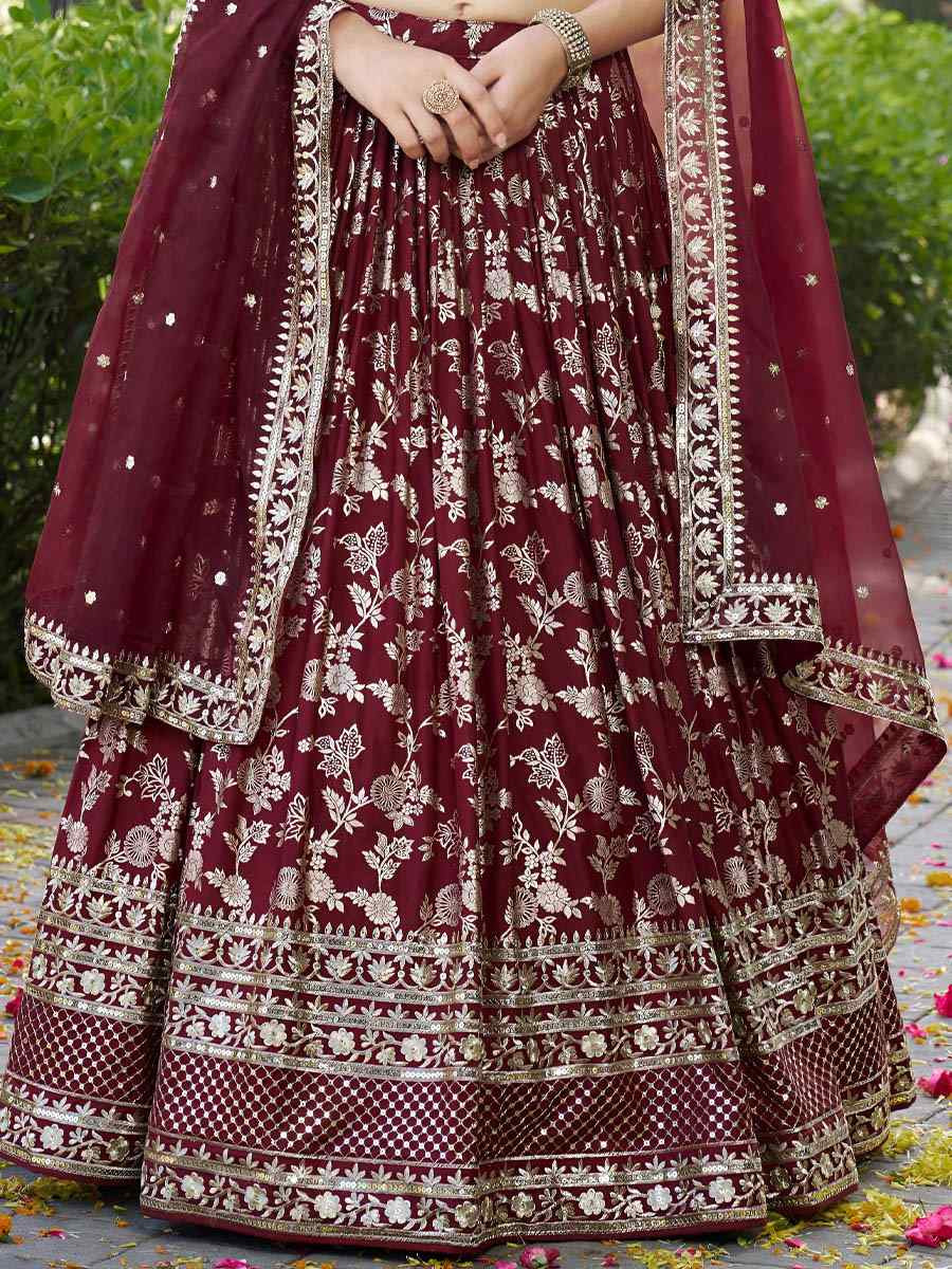 Maroon Dola Silk Jacquard Embroidered Reception Wedding Bridal Lehenga Choli