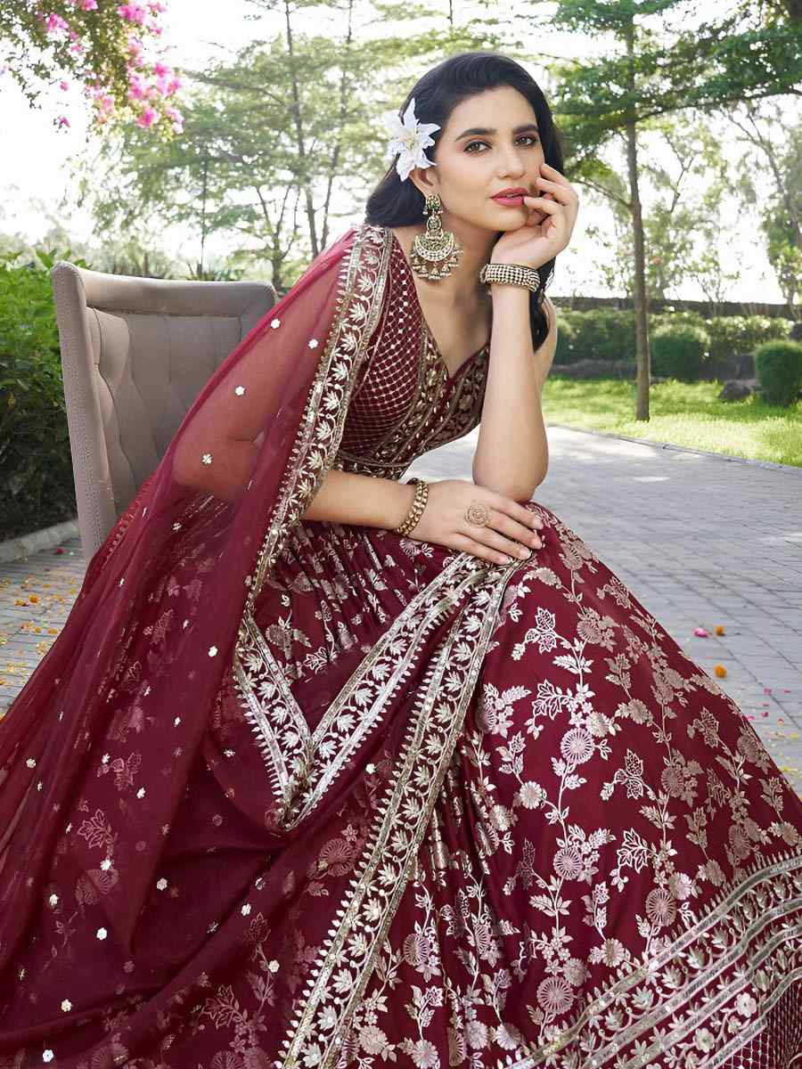 Maroon Dola Silk Jacquard Embroidered Reception Wedding Bridal Lehenga Choli