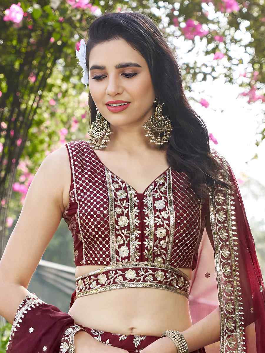 Maroon Dola Silk Jacquard Embroidered Reception Wedding Bridal Lehenga Choli