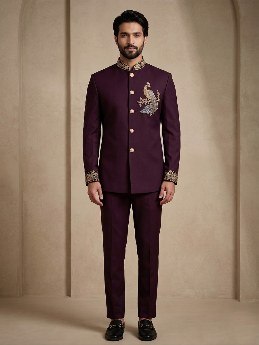 Maroon Doniar Satin Embroidery Wedding Party Festival Casual Groom Ready jodhpuri suit