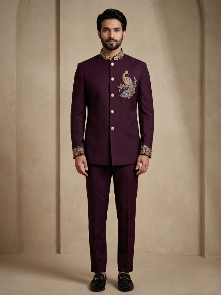 Image of Maroon Doniar Satin Embroidery Wedding Party Festival Casual Groom Ready jodhpuri suit