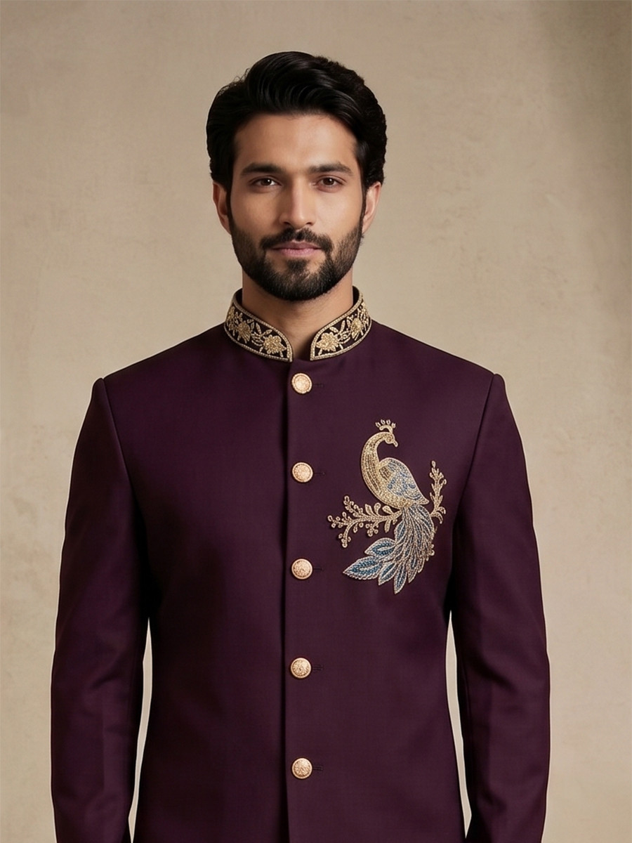 Maroon Doniar Satin Embroidery Wedding Party Festival Casual Groom Ready jodhpuri suit
