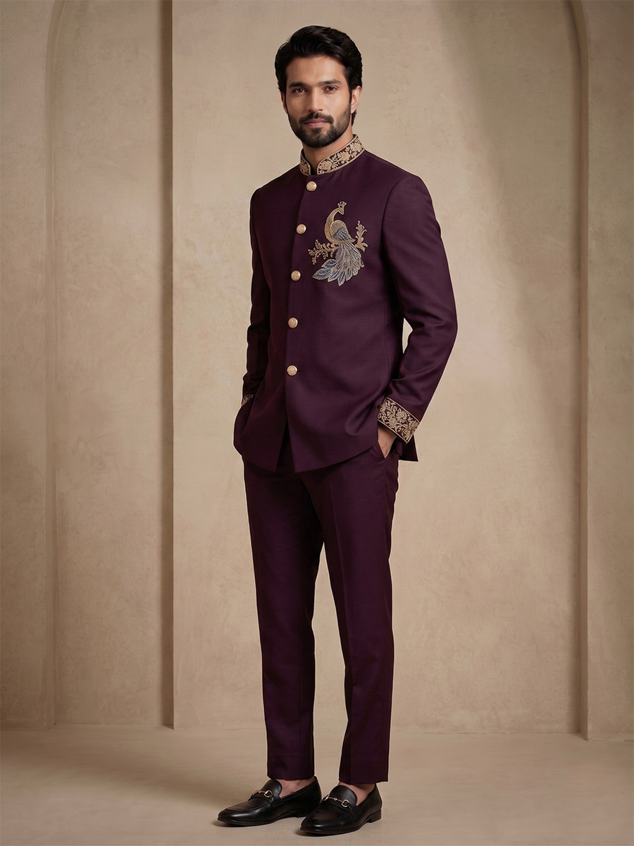 Maroon Doniar Satin Embroidery Wedding Party Festival Casual Groom Ready jodhpuri suit