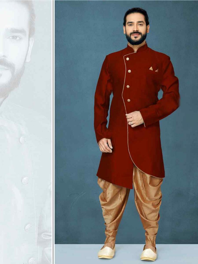 Maroon Dupion Art Silk Cutwork Wedding Party Sherwani