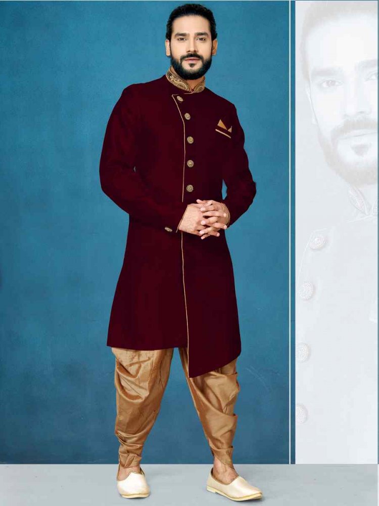 Maroon Dupion Art Silk Cutwork Wedding Party Sherwani