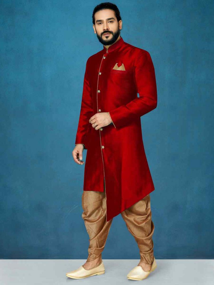 Maroon Dupion Art Silk Cutwork Wedding Party Sherwani