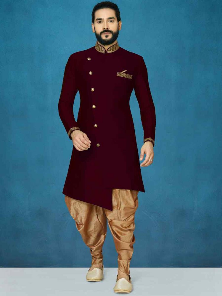 Maroon Dupion Art Silk Cutwork Wedding Party Sherwani