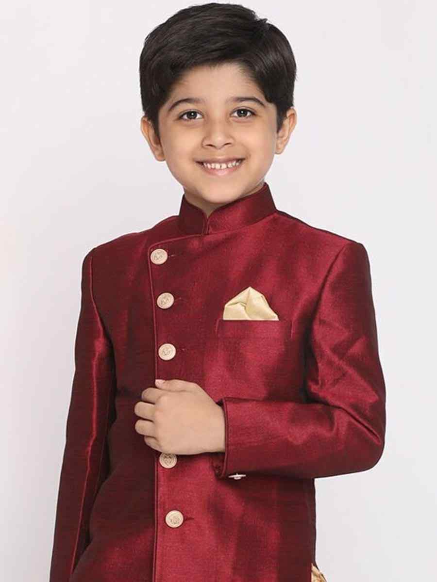 Maroon Dupion Silk Brocade Festival Traditional Kurta Dhoti Boys Wear
