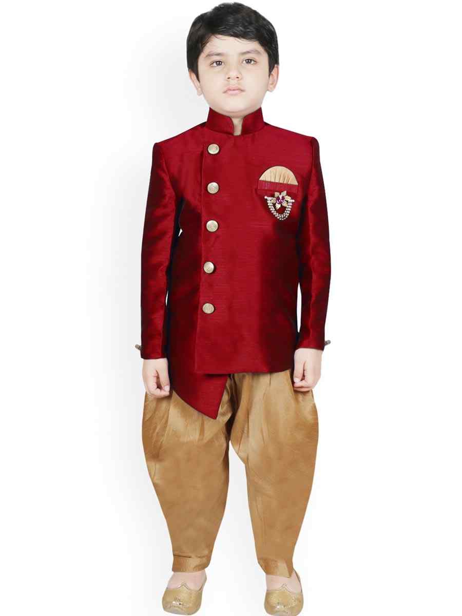 Maroon Dupion Silk Brocade Festival Traditional Kurta Dhoti Boys Wear