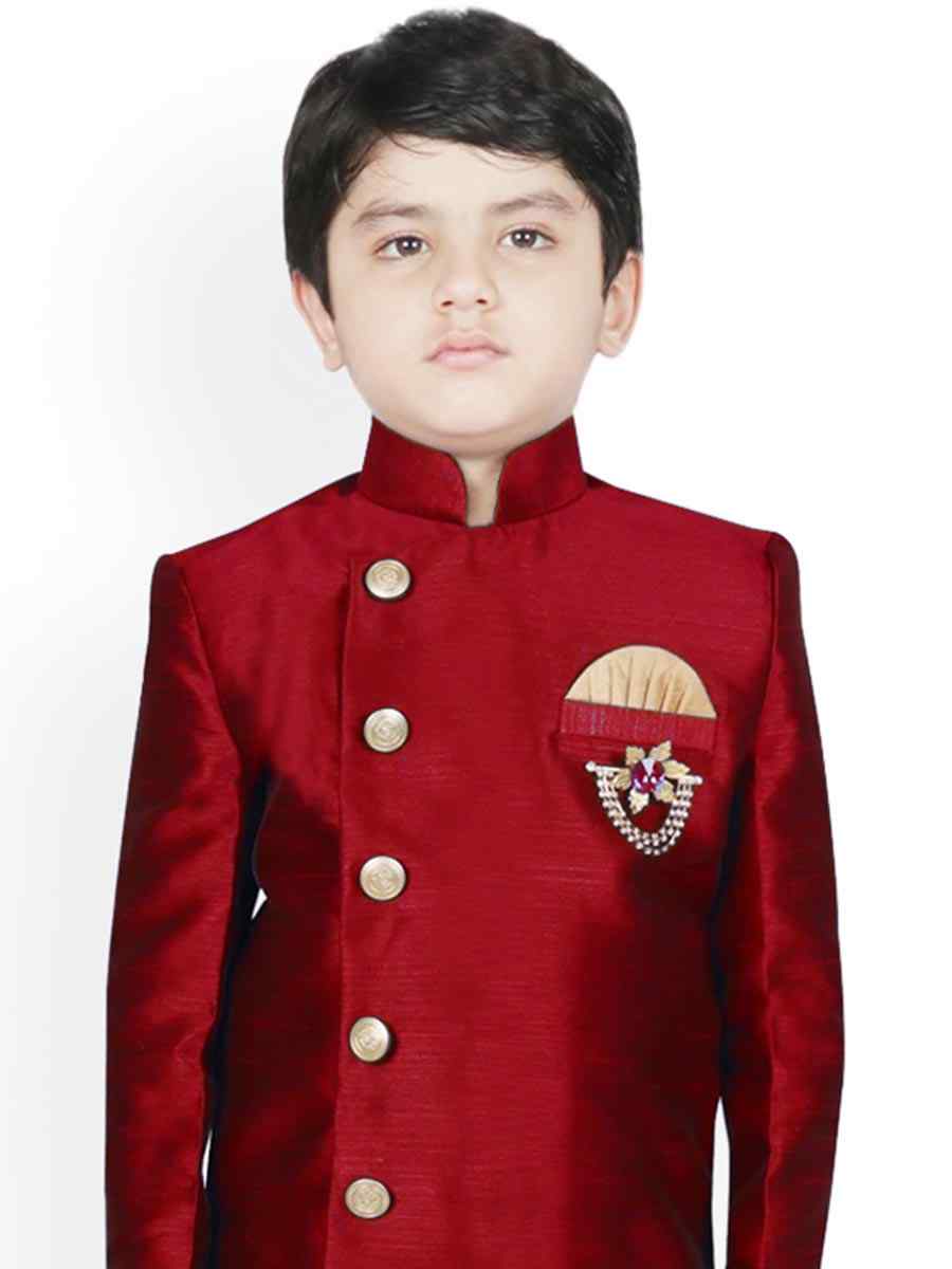 Maroon Dupion Silk Brocade Festival Traditional Kurta Dhoti Boys Wear