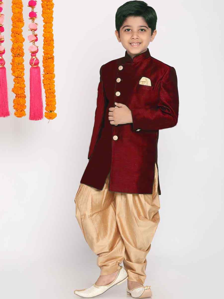 Maroon Dupion Silk Brocade Festival Traditional Kurta Dhoti Boys Wear