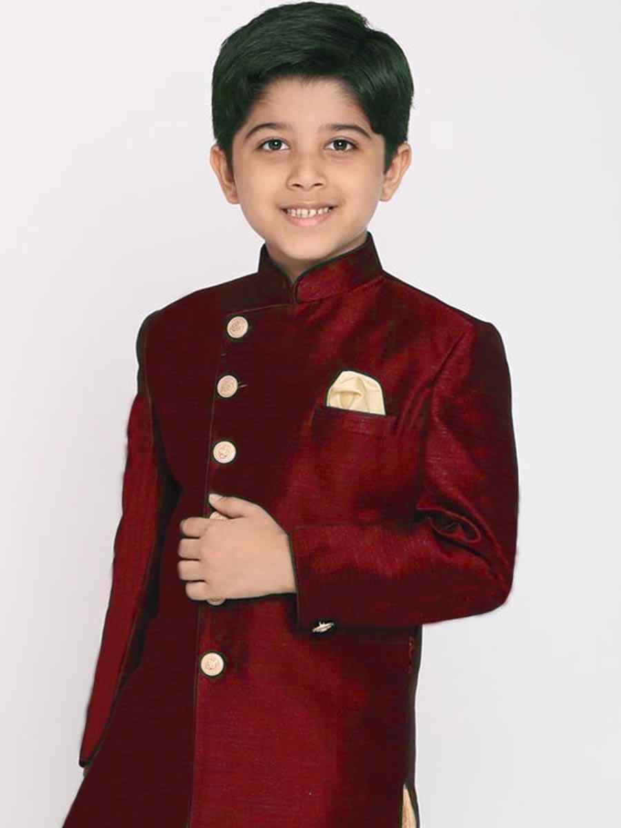 Maroon Dupion Silk Brocade Festival Traditional Kurta Dhoti Boys Wear